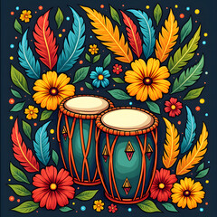 Colorful Brazilian and African drums adorned with feathers and flowers. Traditional musical instruments with vibrant patterns. A celebration of Rio Carnival, featuring Brazilian music and dance. Perfe