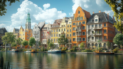 Colorful facades of traditional German houses by the river, surrounded by trees and boats under a blue sky with clouds