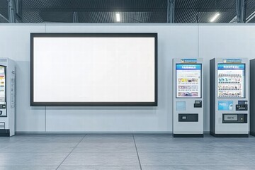 Blank Billboard Mockup in Subway Station:  A large, blank billboard dominates the scene, flanked by rows of vending machines in a modern subway station setting. Perfect for showcasing your designs.
