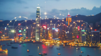 Fototapeta premium Smart digital Innovation city with connection network reciprocity over the cityscape. of future smart wireless city and social media networking systems that connects business people with in city