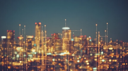 Obraz premium Smart digital Innovation city with connection network reciprocity over the cityscape. of future smart wireless city and social media networking systems that connects business people with in city