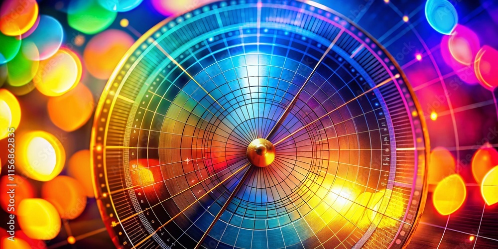 Poster bokeh abstract geometry: radial grid, concentric circles, angle measurement device
