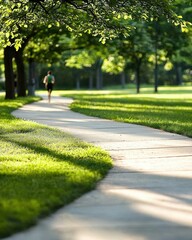 Jogging on a winding path in a lush park daytime tranquil scene