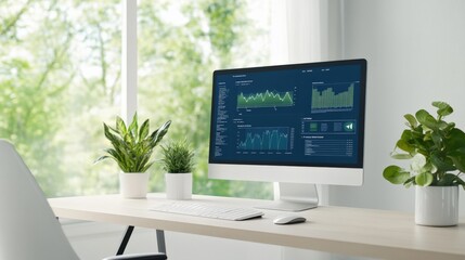Modern Workspace with Computer Displaying Data Visualizations and Growing Plants on a Desk Surrounded by Natural Light from Big Windows