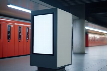 Blank Advertising Kiosk in Modern Subway Station 