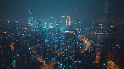 Smart digital Innovation city with connection network reciprocity over the cityscape. of future smart wireless city and social media networking systems that connects business people with in city