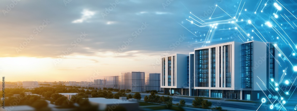 Poster modern cityscape featuring innovative architecture and technological elements under a dramatic sunse