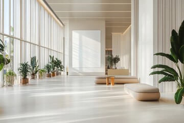 Serene Minimalist Lobby: sunlit modern interior design, featuring a spacious lobby with large windows, neutral color palettes, minimalist furniture, and lush potted plants.