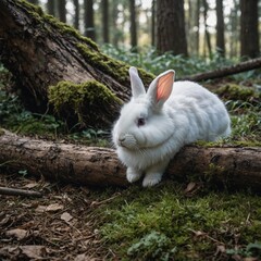 Fototapeta premium A fluffy white rabbit peeking out from under a log in a magical woodland setting.