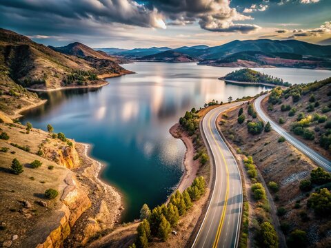 Breathtaking Aerial View: Horsetooth Reservoir Mountain Road, Colorado - Minimalist Drone Photography