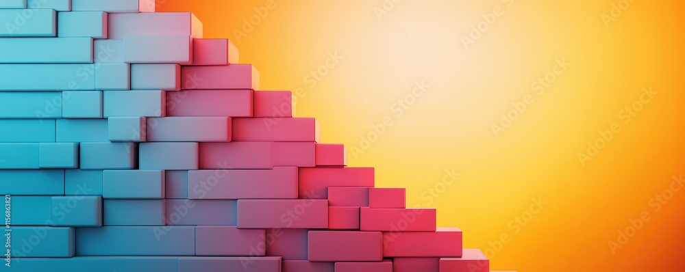 Poster a vibrant gradient of blue and pink blocks transitions against a warm orange backdrop, creating a mo