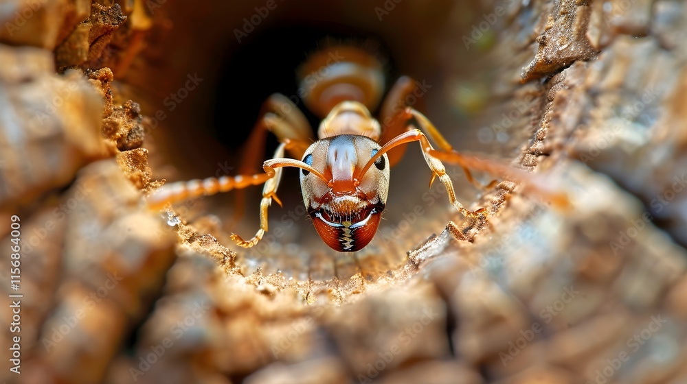 Poster close-up view of ant in hollow log with intricate details