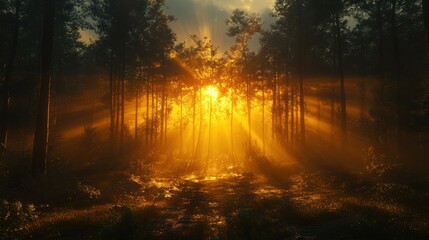 A serene forest scene illuminated by golden sunlight filtering through trees.