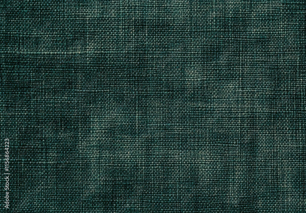 Poster a close-up view of textured linen fabric in deep green color showcasing intricate weave patterns and