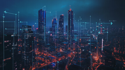 Fototapeta premium Smart digital Innovation city with connection network reciprocity over the cityscape. of future smart wireless city and social media networking systems that connects business people with in city