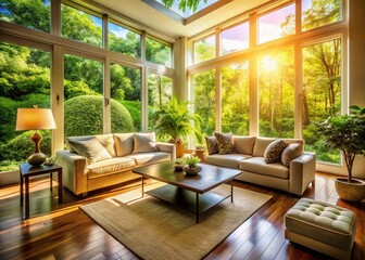 Bright Living Room with Large Windows and Treetop View - Natural Light Interior Design Stock Photo