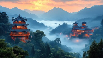 Fototapeta premium Serene mountainous landscape with traditional pagodas amidst mist at sunset.