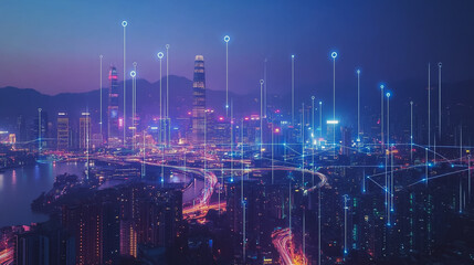 Smart digital Innovation city with connection network reciprocity over the cityscape. of future smart wireless city and social media networking systems that connects business people with in city