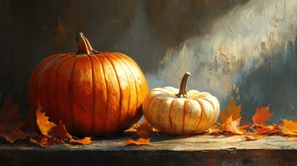 Autumn still life with pumpkins and leaves.