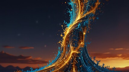 An elegant celestial figure crafted from cascading beams of golden and blue light, with an intricate aura resembling fractal patterns in a vast cosmic setting.