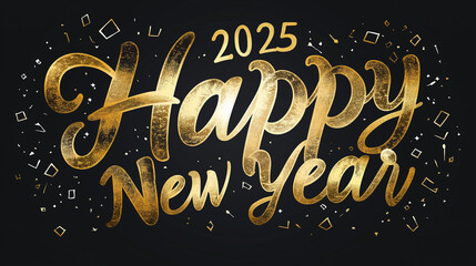 Minimalist Hand-Written Peachy Calligraphic "2025 Happy New Year" Logo Background, Black and Gold Color Scheme with Geometrical Lines and Minimalist Design Elements