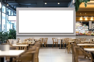 Blank Billboard Mockup in Modern Cafe: A large, blank billboard dominates the wall of a stylish cafe, offering a perfect mockup for advertising or branding.