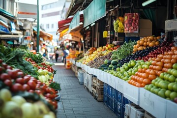 Obraz premium Vibrant Market Stalls Overflowing with Fresh Produce: A picturesque street market scene brimming with colorful fruits and vegetables.