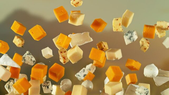 Super Slow Motion of Flying Tasty Cheeses with camera movement. Filmed on high speed cinema camera, 1000 fps.