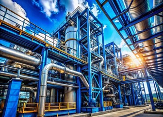 Fototapeta premium Candid Industrial Facility: Blue Machinery & Piping Under Clear Sky