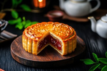 Exquisite Mooncake with Red Bean Paste Slice on Wooden Platter Surrounded by Traditional Tea Essentials and Natural Elements