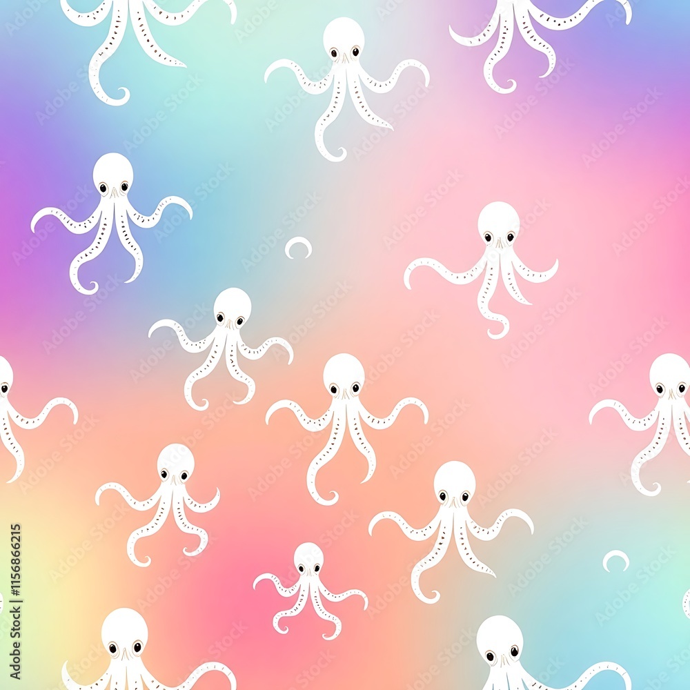 Poster ocean dreams: whimsical white octopuses dance across a vibrant, iridescent background, creating a de