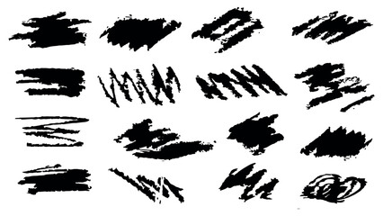 Set of drawn in chalk grunge black on white background, abstract geometric straight brush strokes and bold lines, grunge set of strokes for text, paintbrush vector collection for design