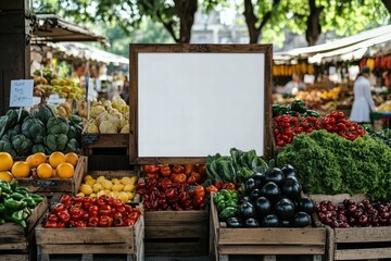 Fresh Produce Market Sign Mockup: A vibrant farmers market scene with a blank sign ready for your message. The image showcases an abundance of colorful fruits and vegetables.