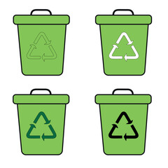 Set of green trash containers with recycling sign, dumpster in closed condition for disposal, waste reuse and recycle, save environment concept, recycling and garbage cans collection