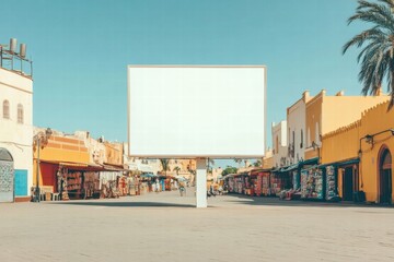 Blank Billboard in Vibrant Moroccan Market: A pristine blank billboard stands tall in a bustling Moroccan marketplace, offering a canvas for your message.