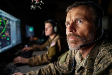 Military personnel monitoring drone operations from pentagon command center