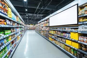 Grocery Store Aisles with Blank Advertisement Screen 