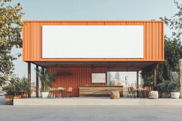 Obraz premium Orange Container Cafe Mockup: Modern outdoor cafe design with blank billboard for advertising. Stylish and trendy cafe built from repurposed shipping containers.