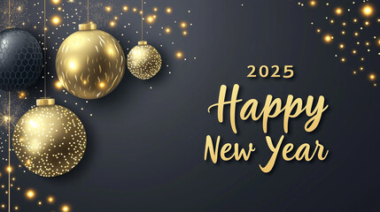 Minimalist Hand-Written Peachy Calligraphic "2025 Happy New Year" Logo Background, Black and Gold Color Scheme with Geometrical Lines and Minimalist Design Elements