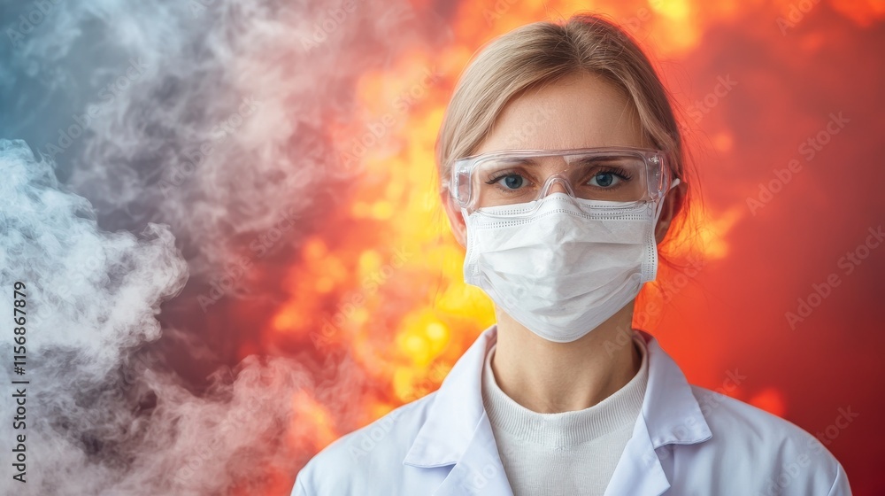 Poster pm2.5 concept. scientist in mask and goggles with a smoky, fiery background.