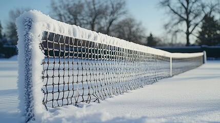 Snow-Covered Tennis Court Net in Winter Wonderland with Frosty Trees and Clear Blue Sky in the Background