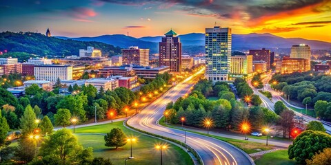 Fototapeta premium Chattanooga Skyline: Bokeh Cityscape with Lush Greenery and Mountains