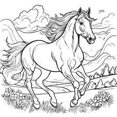 printable coloring pages of Horse running in field with clouds in sky, this is ideal outline coloring pages for kindergarten printable