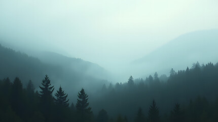 Panoramic view of a misty mountain landscape enveloped in morning fog, with a fir forest stretching into the distance. A fleeting, ethereal atmosphere fills the mist-shrouded woods, evoking a vintage 
