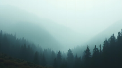 Fototapeta premium Panoramic view of a misty mountain landscape enveloped in morning fog, with a fir forest stretching into the distance. A fleeting, ethereal atmosphere fills the mist-shrouded woods, evoking a vintage 