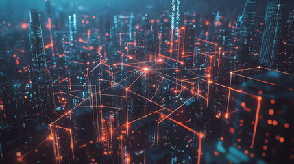 Smart digital Innovation city with connection network reciprocity over the cityscape. of future smart wireless city and social media networking systems that connects business people with in city