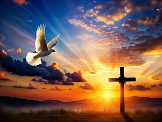 Christian Sunset Silhouette: Dove & Cross, Faith Hope Love Background