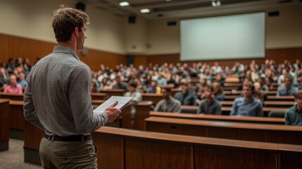Fototapeta premium Man Standing in Large Room Engaging with Audience in Public Speaking Event