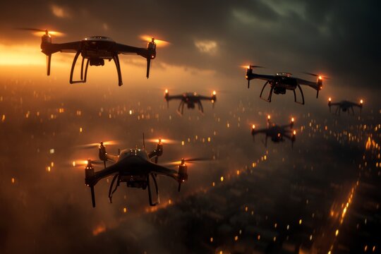 Drones flying over pentagon at sunset, ufo sightings and military surveillance