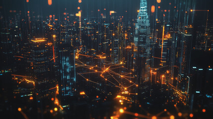 Fototapeta premium Smart digital Innovation city with connection network reciprocity over the cityscape. of future smart wireless city and social media networking systems that connects business people with in city